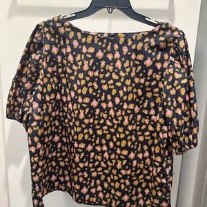 J Crew navy blouse with pink and tan animal like print